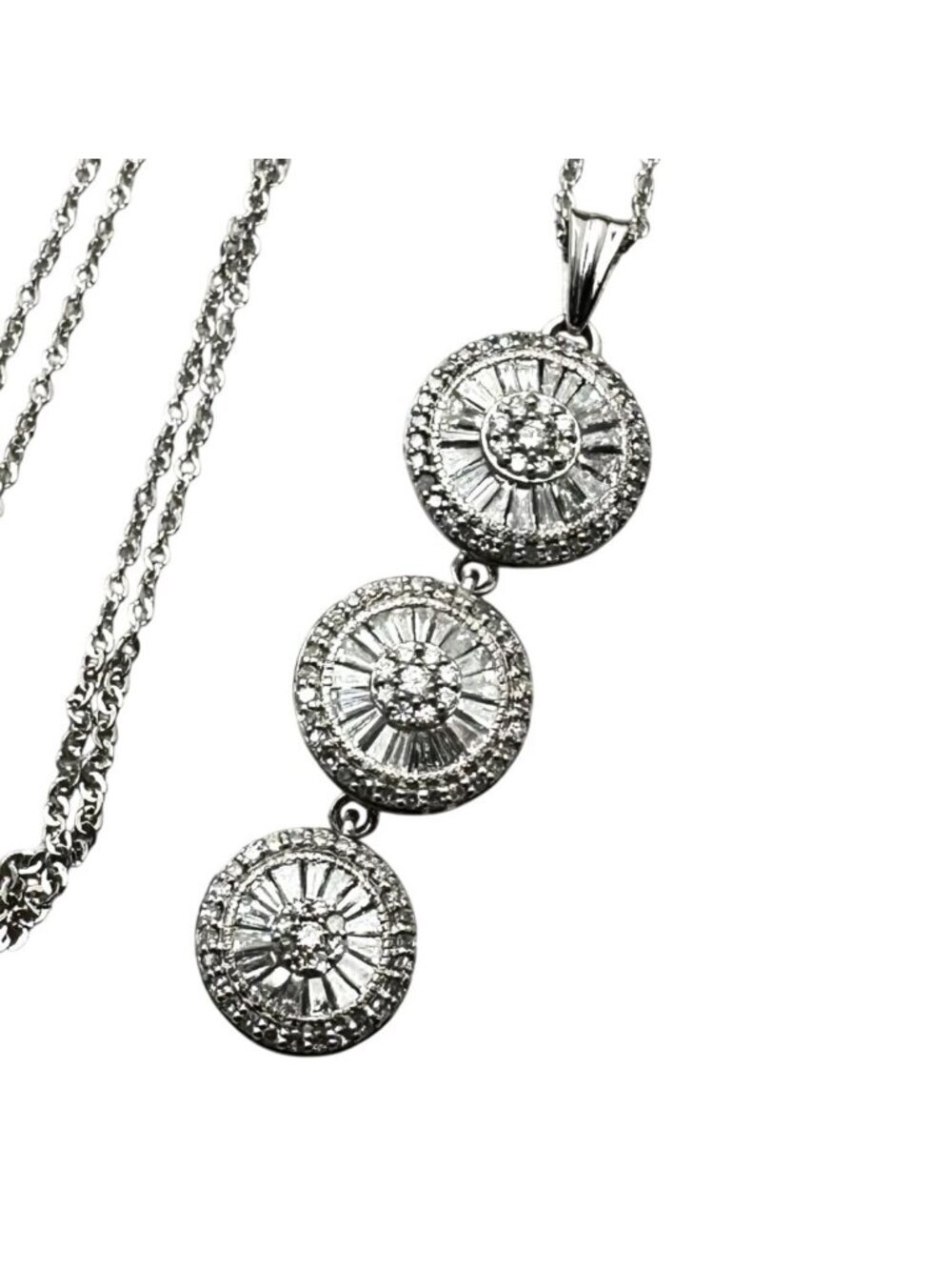 Outrageous 14K White Gold Triple Baguette Round Diamond Cluster Pendant Necklace